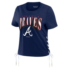 Atlanta Braves WEAR by Erin Andrews Women's Side Lace-Up Cropped T-Shirt - Navy - MLB Lifestyle