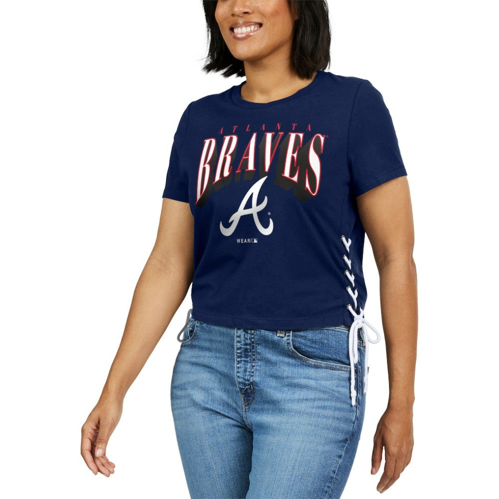 Atlanta Braves WEAR by Erin Andrews Women's Side Lace-Up Cropped T-Shirt - Navy - MLB Lifestyle