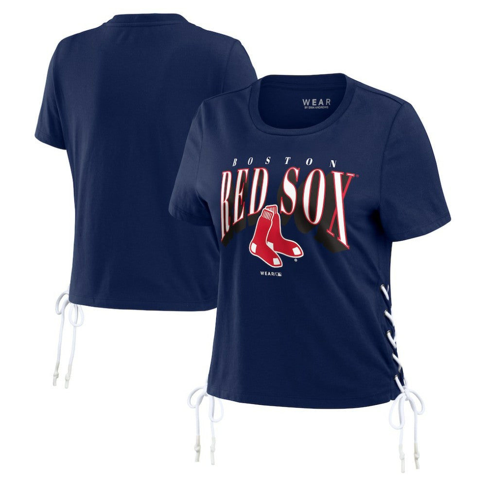 Boston Red Sox WEAR by Erin Andrews Women's Side Lace-Up Cropped T-Shirt - Navy - MLB Lifestyle