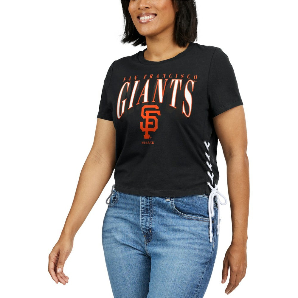 San Francisco Giants WEAR by Erin Andrews Women's Side Lace-Up Cropped T-Shirt - Black - MLB Online