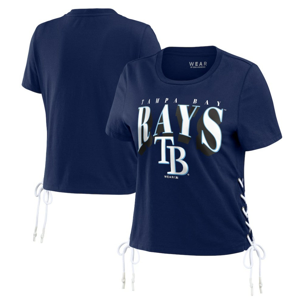 Tampa Bay Rays WEAR by Erin Andrews Women's Side Lace-Up Cropped T-Shirt - Navy - MLB Online