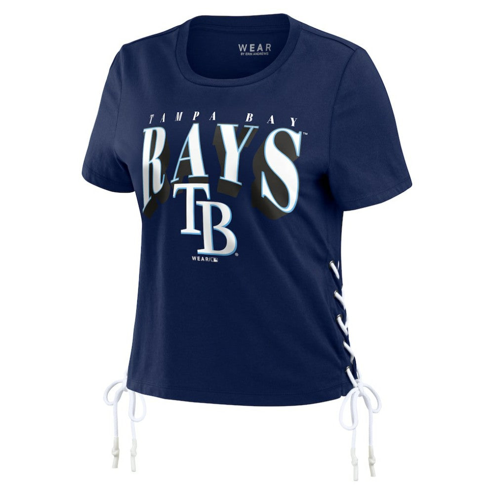 Tampa Bay Rays WEAR by Erin Andrews Women's Side Lace-Up Cropped T-Shirt - Navy - MLB Online