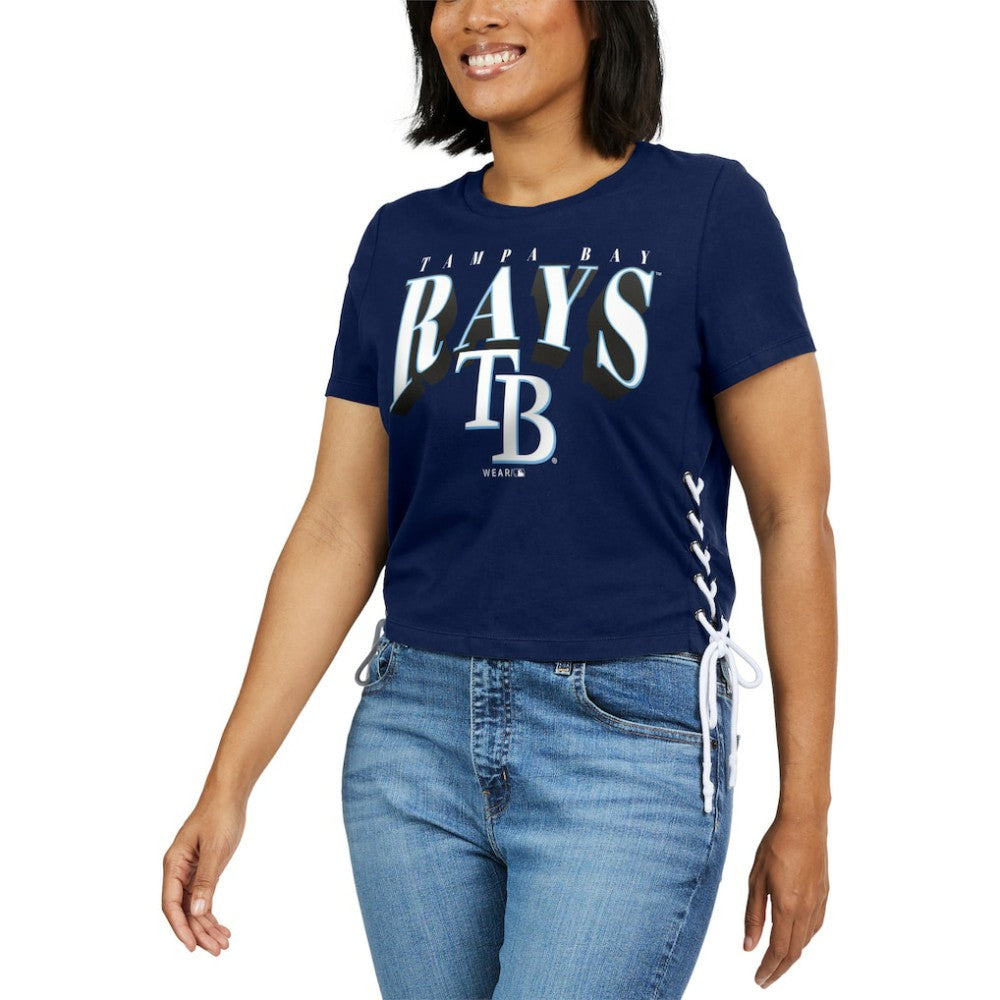 Tampa Bay Rays WEAR by Erin Andrews Women's Side Lace-Up Cropped T-Shirt - Navy - MLB Online