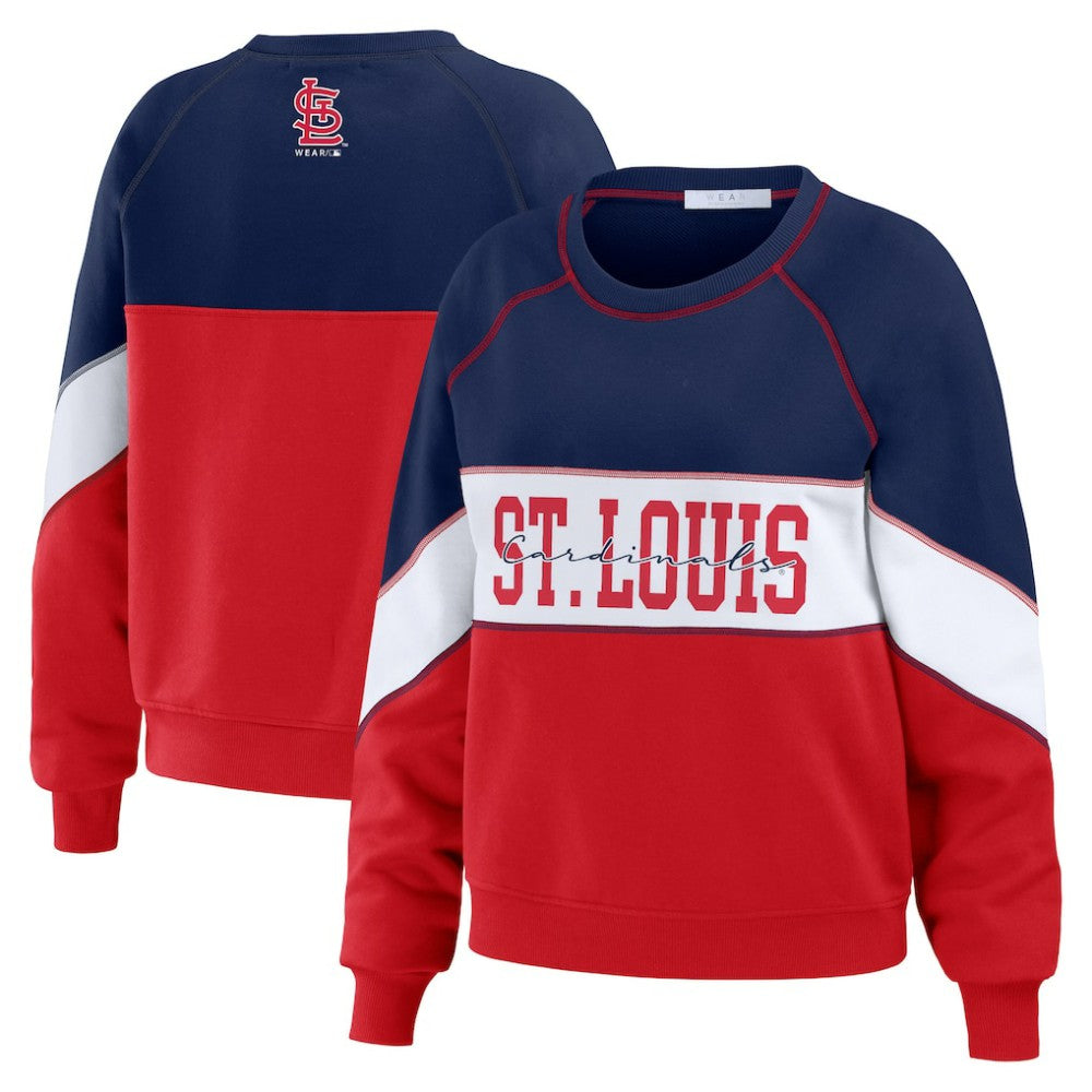 St. Louis Cardinals WEAR by Erin Andrews Women's Color Block Crew Neck Pullover Sweatshirt - Navy/Red - MLB Discount