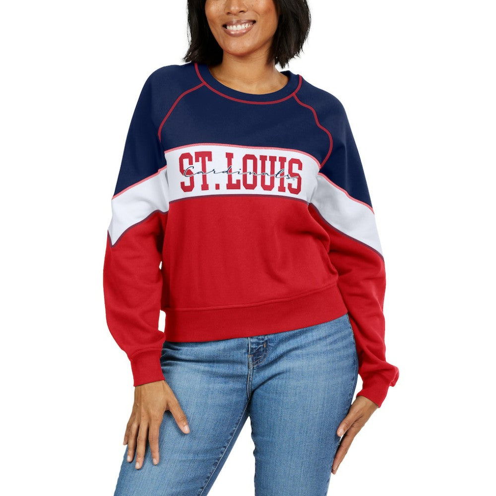 St. Louis Cardinals WEAR by Erin Andrews Women's Color Block Crew Neck Pullover Sweatshirt - Navy/Red - MLB Discount