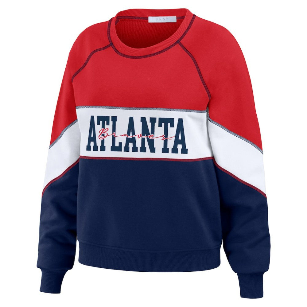 Atlanta Braves WEAR by Erin Andrews Women's Color Block Crew Neck Pullover Sweatshirt - Red/Navy - MLB Online