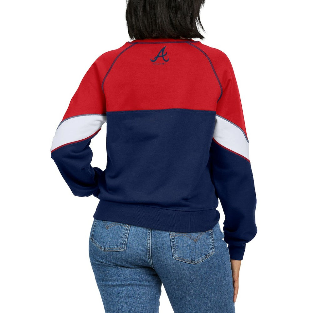 Atlanta Braves WEAR by Erin Andrews Women's Color Block Crew Neck Pullover Sweatshirt - Red/Navy - MLB Online