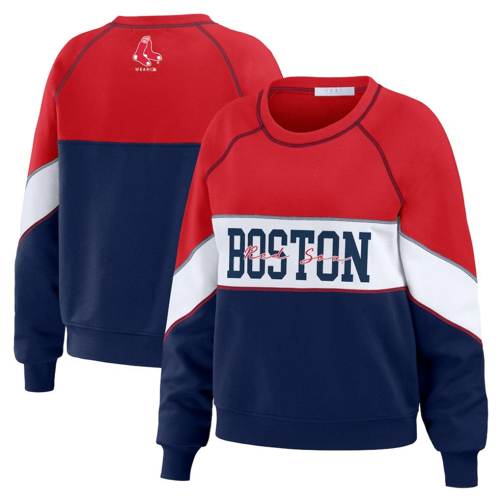 Boston Red Sox WEAR by Erin Andrews Women's Color Block Crew Neck Pullover Sweatshirt - Red/Navy - MLB Discount