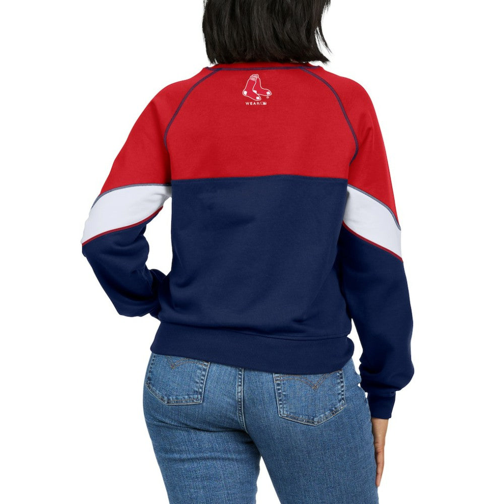 Boston Red Sox WEAR by Erin Andrews Women's Color Block Crew Neck Pullover Sweatshirt - Red/Navy - MLB Discount