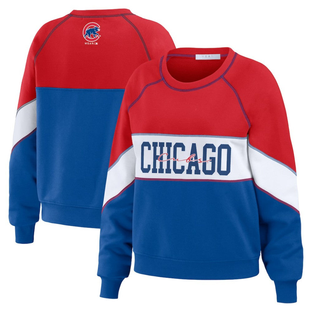 Chicago Cubs WEAR by Erin Andrews Women's Color Block Crew Neck Pullover Sweatshirt - Red/Royal - MLB Lifestyle