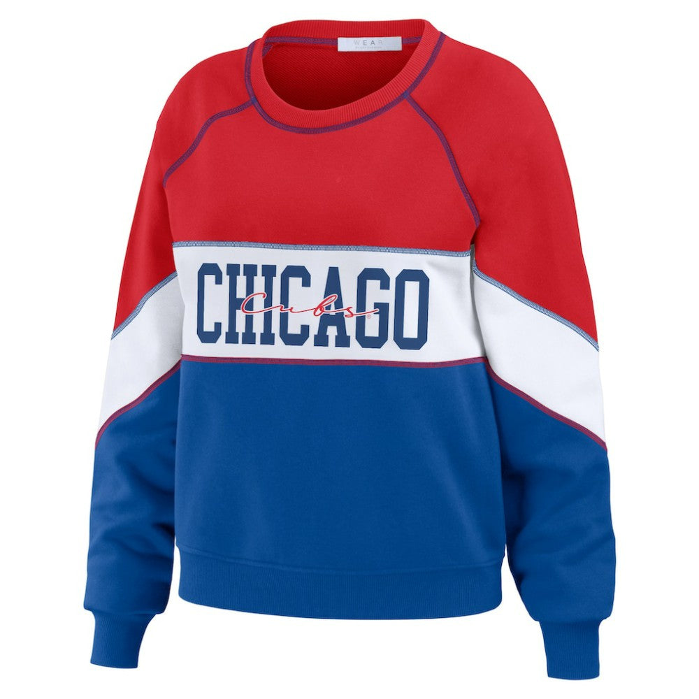 Chicago Cubs WEAR by Erin Andrews Women's Color Block Crew Neck Pullover Sweatshirt - Red/Royal - MLB Lifestyle