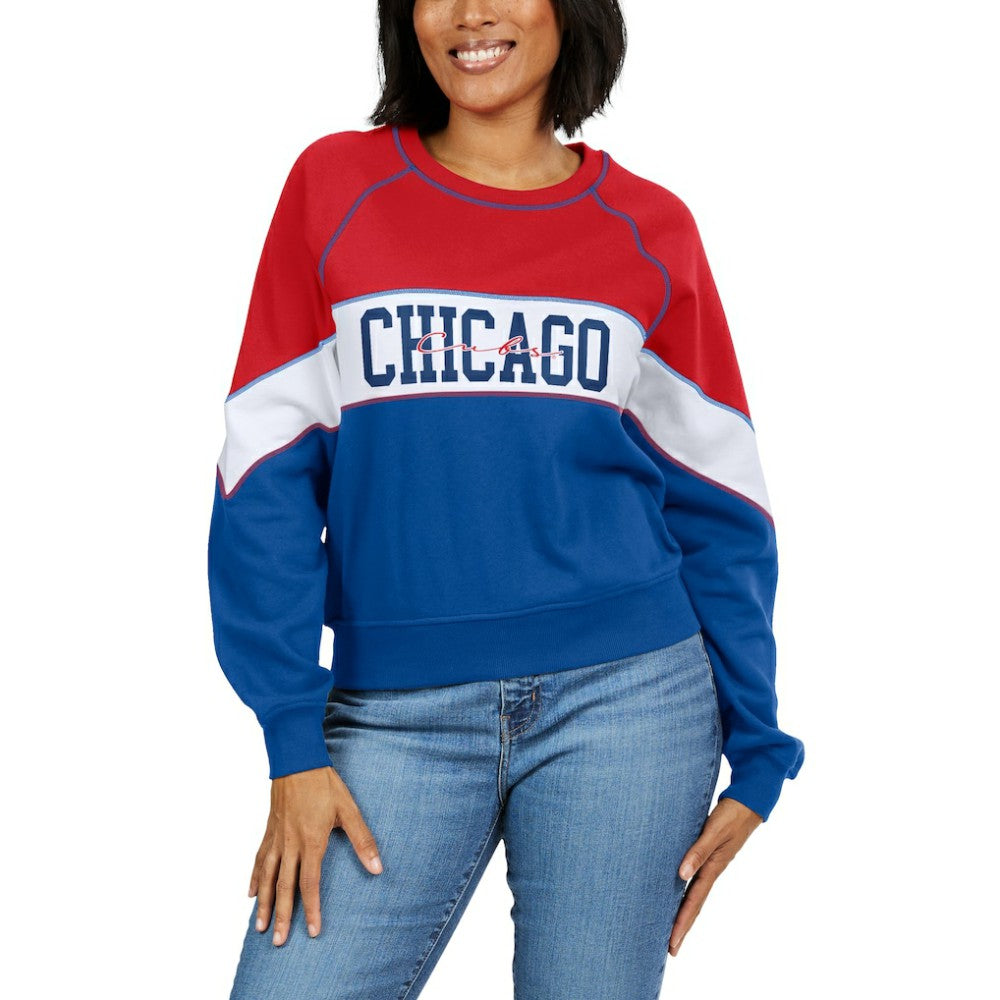 Chicago Cubs WEAR by Erin Andrews Women's Color Block Crew Neck Pullover Sweatshirt - Red/Royal - MLB Lifestyle