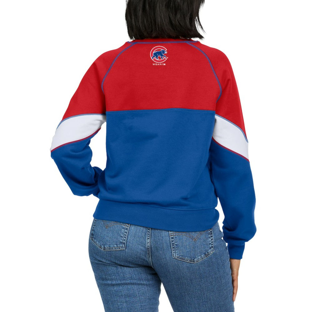 Chicago Cubs WEAR by Erin Andrews Women's Color Block Crew Neck Pullover Sweatshirt - Red/Royal - MLB Lifestyle
