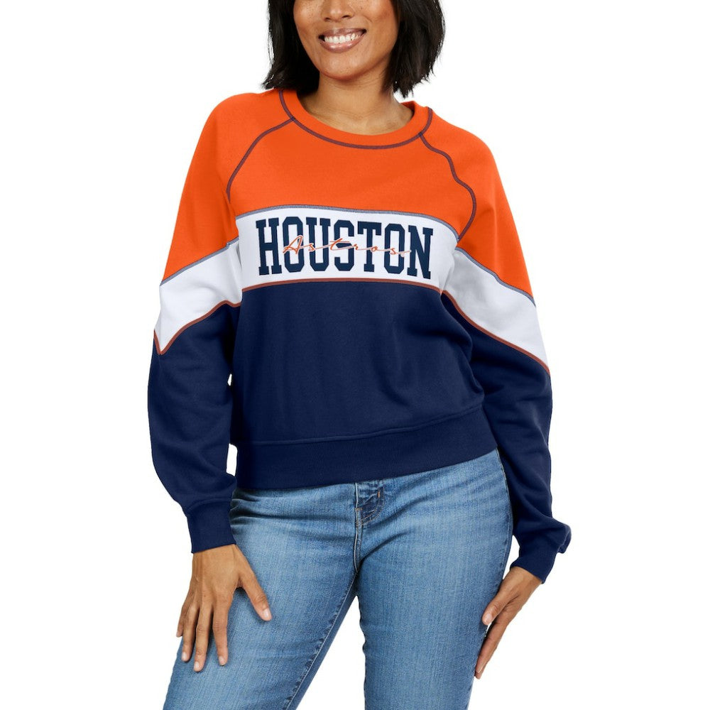 Houston Astros WEAR by Erin Andrews Women's Color Block Crew Neck Pullover Sweatshirt - Orange/Navy - MLB on Sale