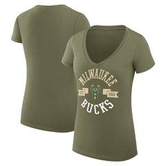 Milwaukee Bucks G-III 4Her by Carl Banks Women's Super-Slim Fit Lightweight Large City Logo V-Neck T-Shirt Olive