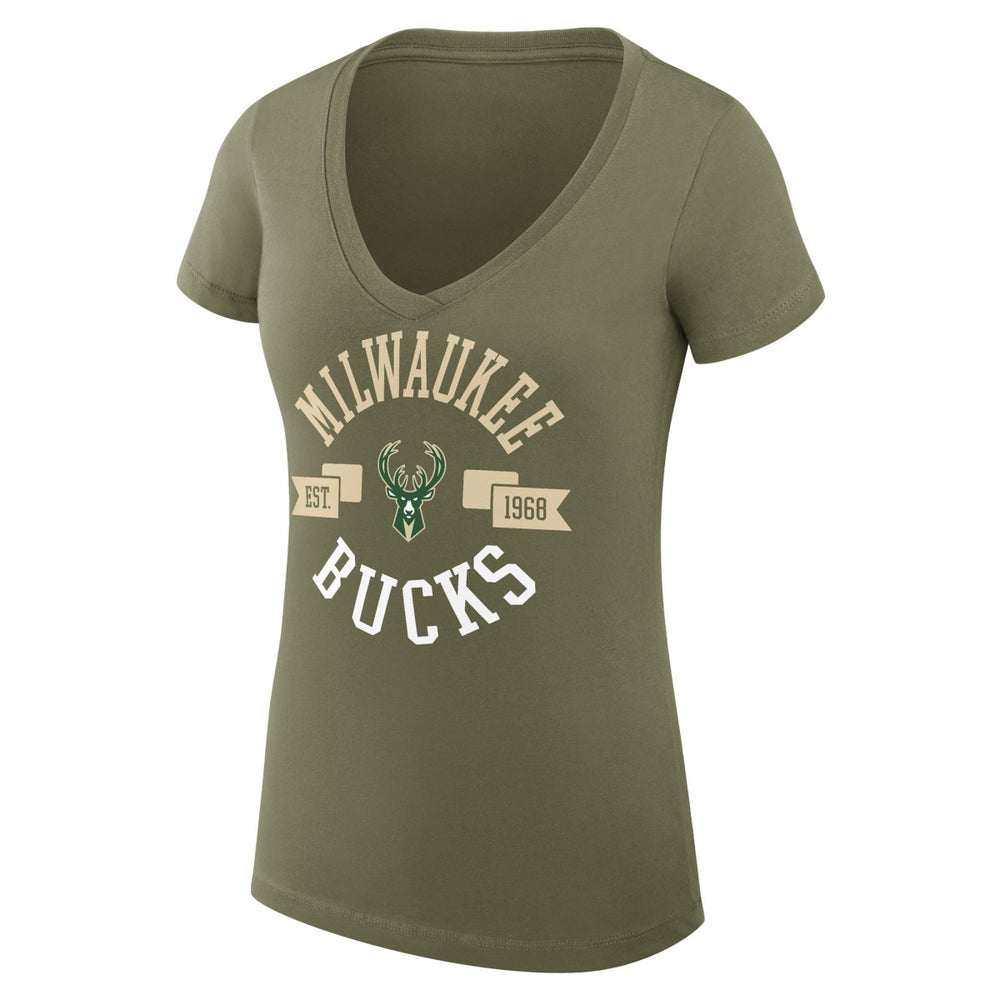 Milwaukee Bucks G-III 4Her by Carl Banks Women's Super-Slim Fit Lightweight Large City Logo V-Neck T-Shirt Olive