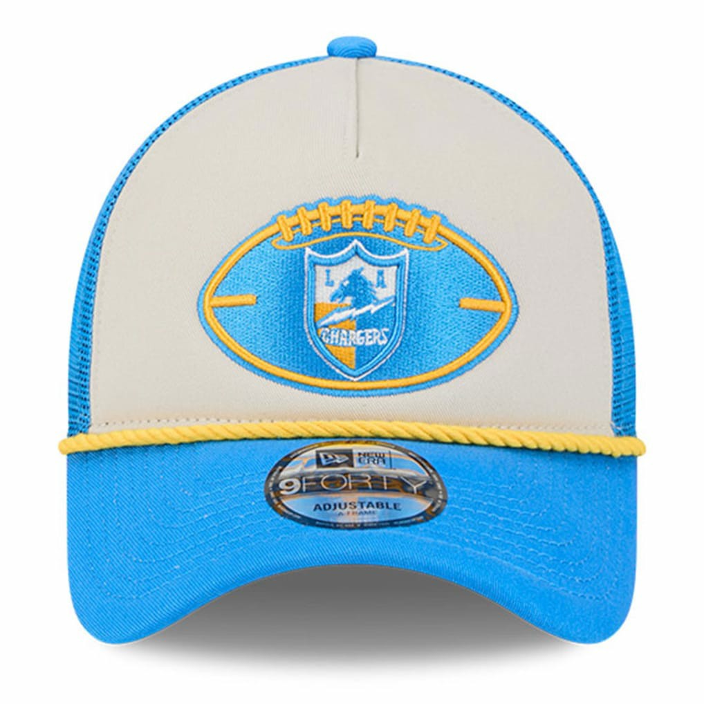 Los Angeles Chargers New Era 2024 Sideline Historic 9FORTY A-Frame Trucker Adjustable Hat Stone/Powder Blue
