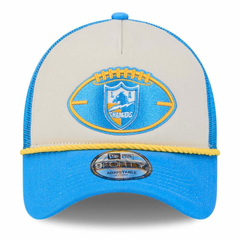 Los Angeles Chargers New Era 2024 Sideline Historic 9FORTY A-Frame Trucker Adjustable Hat Stone/Powder Blue