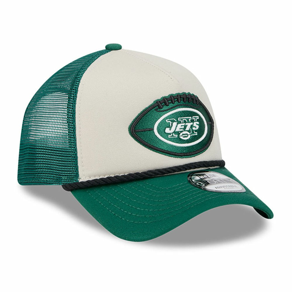 New York Jets New Era 2024 Sideline Historic 9FORTY A-Frame Trucker Adjustable Hat Stone/Green