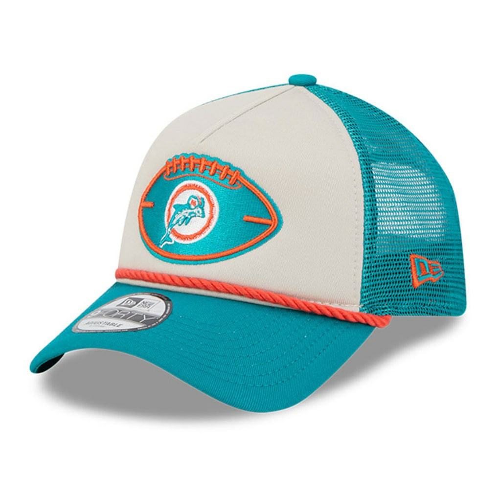 Miami Dolphins New Era 2024 Sideline Historic 9FORTY A-Frame Trucker Adjustable Hat Stone/Aqua