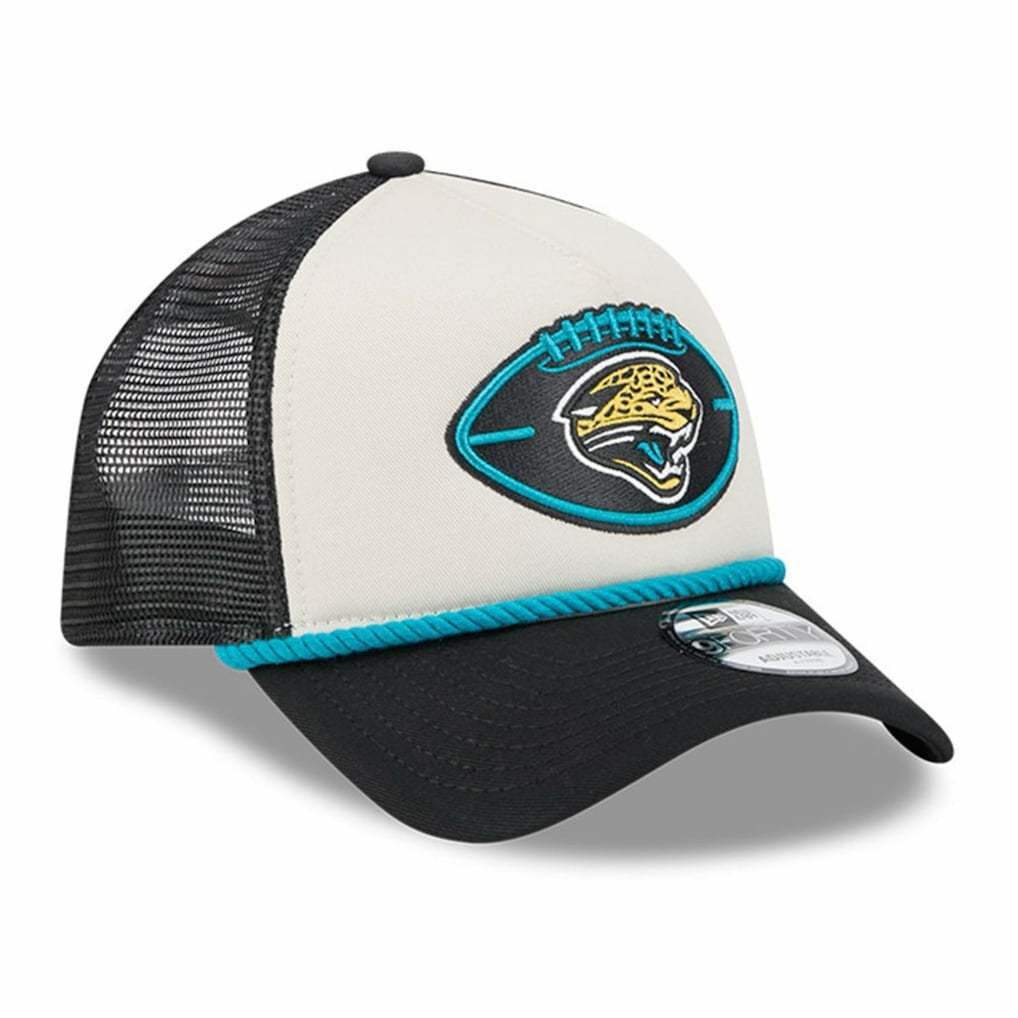 Jacksonville Jaguars New Era 2024 Sideline Historic 9FORTY A-Frame Trucker Adjustable Hat Stone/Black