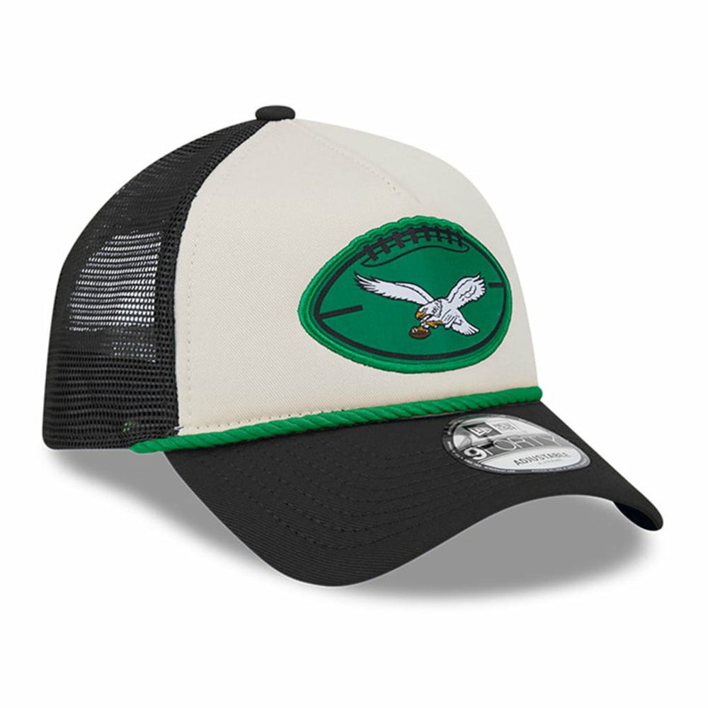 Philadelphia Eagles New Era 2024 Sideline Historic 9FORTY A-Frame Trucker Adjustable Hat Stone/Black