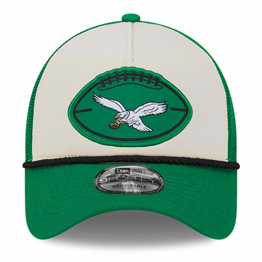 Philadelphia Eagles New Era 2024 Sideline Historic 9FORTY A-Frame Trucker Adjustable Hat Stone/Kelly Green