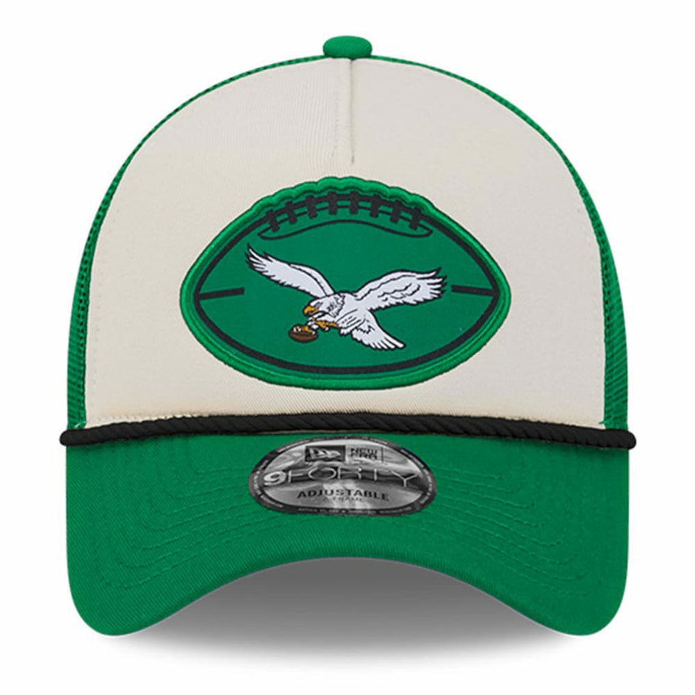 Philadelphia Eagles New Era 2024 Sideline Historic 9FORTY A-Frame Trucker Adjustable Hat Stone/Kelly Green