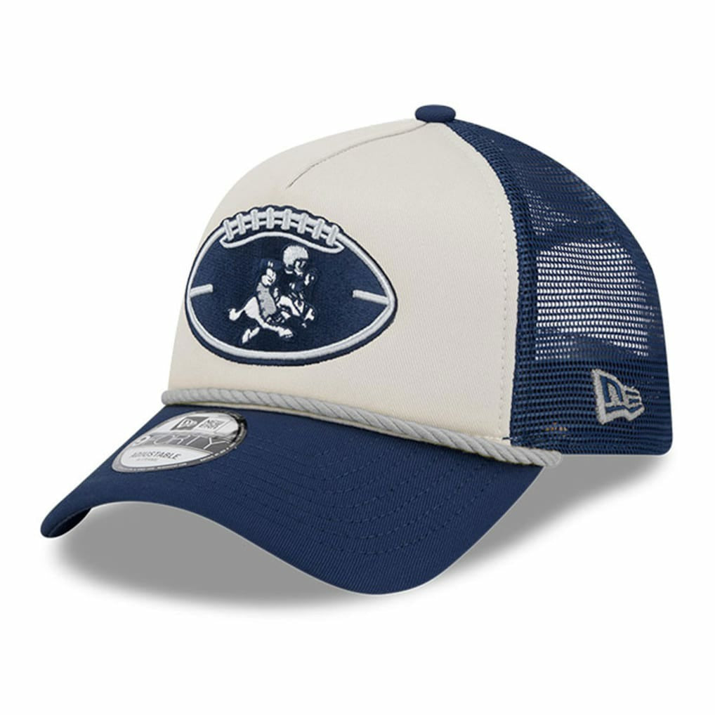 Dallas Cowboys New Era Youth 2024 Sideline Historic 9FORTY A-Frame Trucker Adjustable Hat Stone/Navy