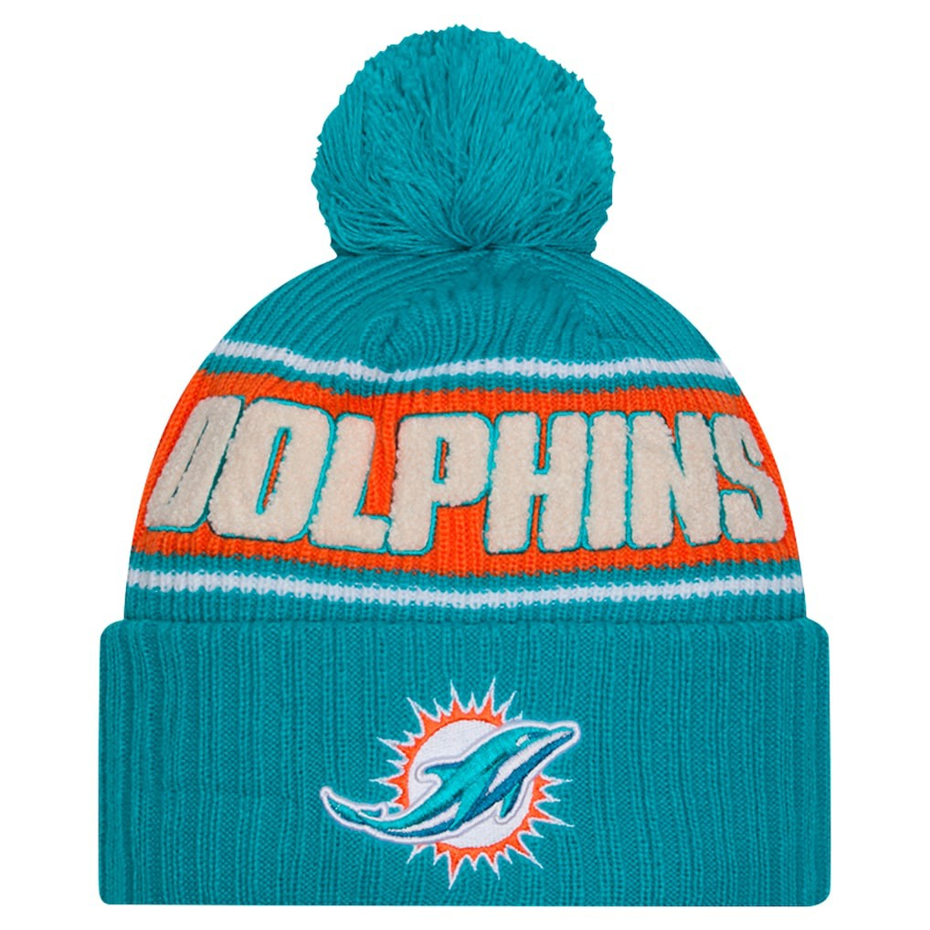 Miami Dolphins New Era 2024 Sideline Cuffed Knit Hat with Pom Aqua