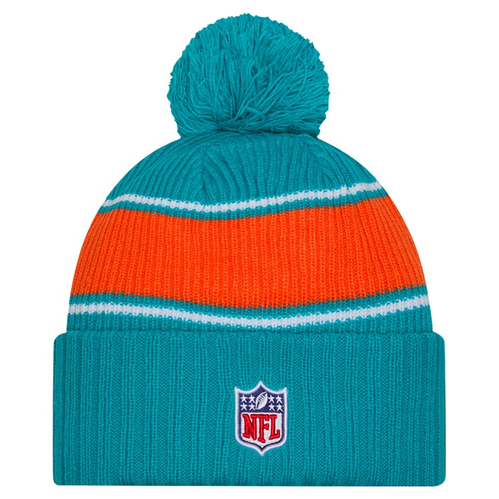 Miami Dolphins New Era 2024 Sideline Cuffed Knit Hat with Pom Aqua