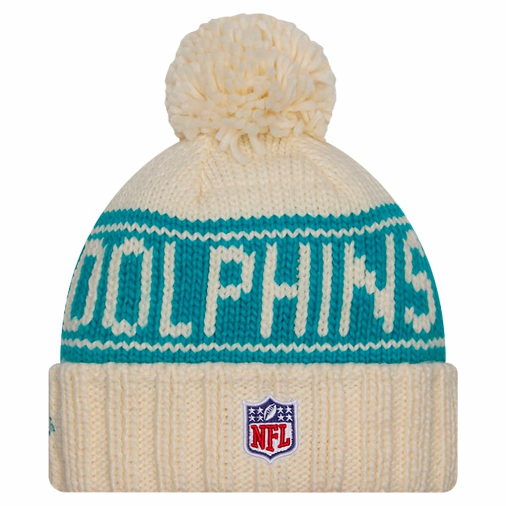 Miami Dolphins New Era Women's 2024 Sideline Cuffed Knit Hat with Pom Cream