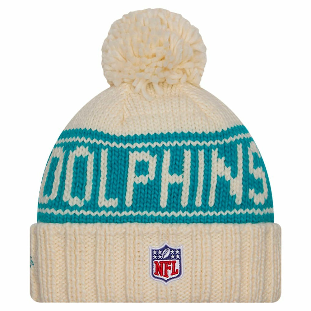 Miami Dolphins New Era Women's 2024 Sideline Cuffed Knit Hat with Pom Cream