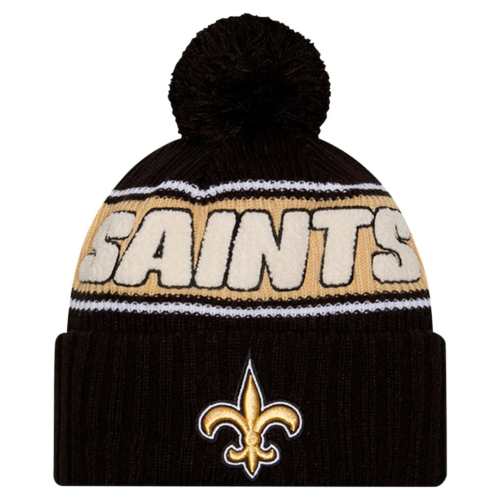 New Orleans Saints New Era Youth 2024 Sideline Sport Cuffed Knit Hat with Pom Black