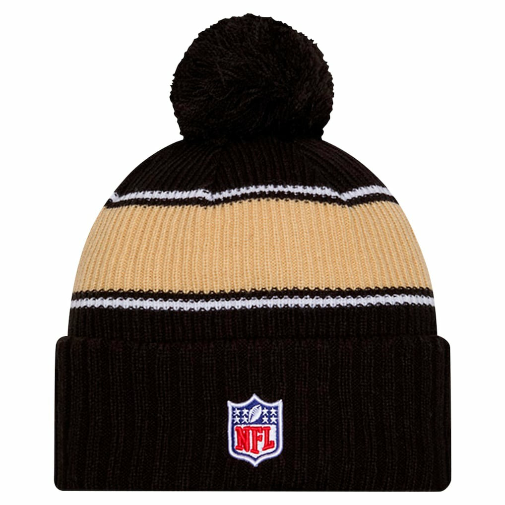 New Orleans Saints New Era Youth 2024 Sideline Sport Cuffed Knit Hat with Pom Black