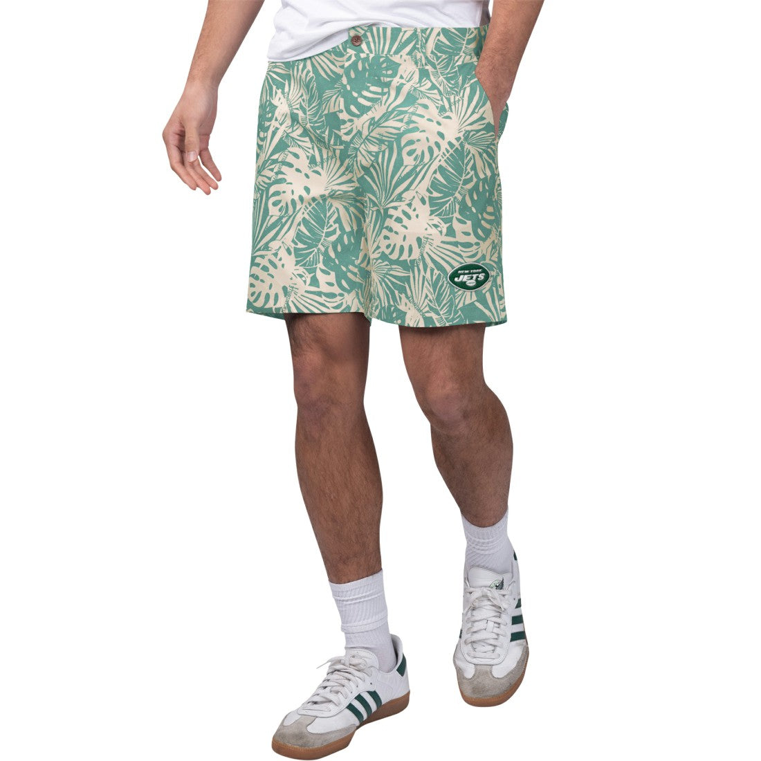 New York Jets Margaritaville Sandwashed Monstera Print Amphib Shorts Green
