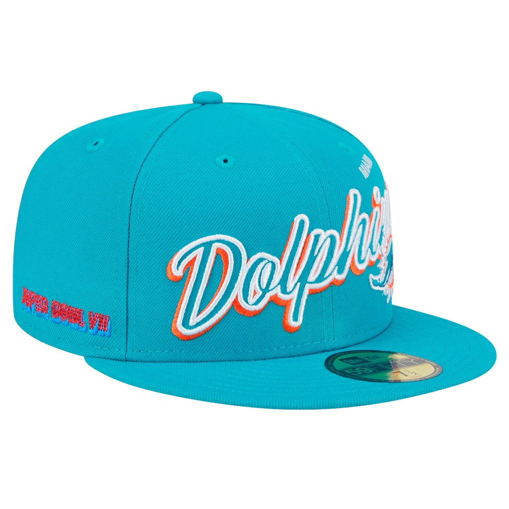 Miami Dolphins New Era Script Sided 59FIFTY Fitted Hat Aqua