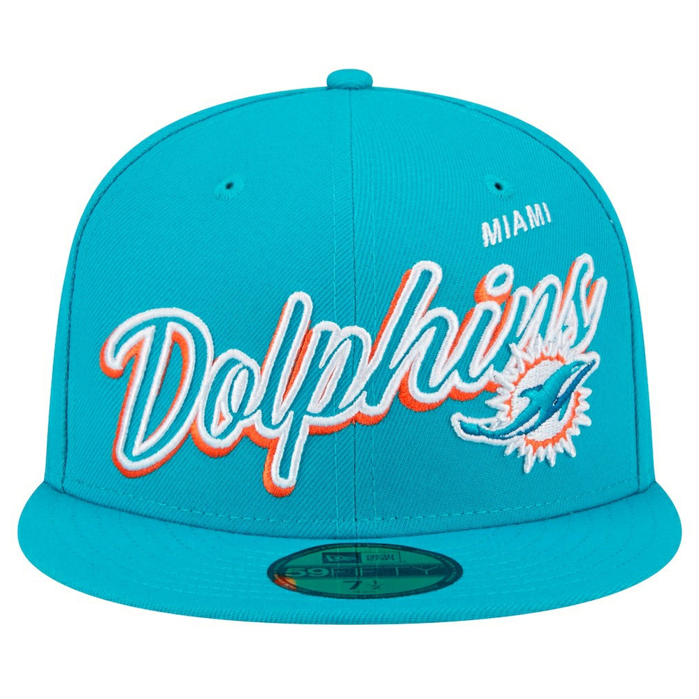 Miami Dolphins New Era Script Sided 59FIFTY Fitted Hat Aqua