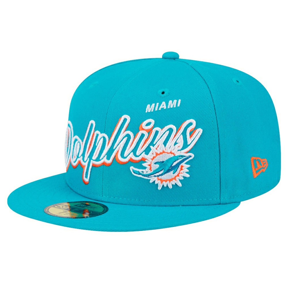 Miami Dolphins New Era Script Sided 59FIFTY Fitted Hat Aqua