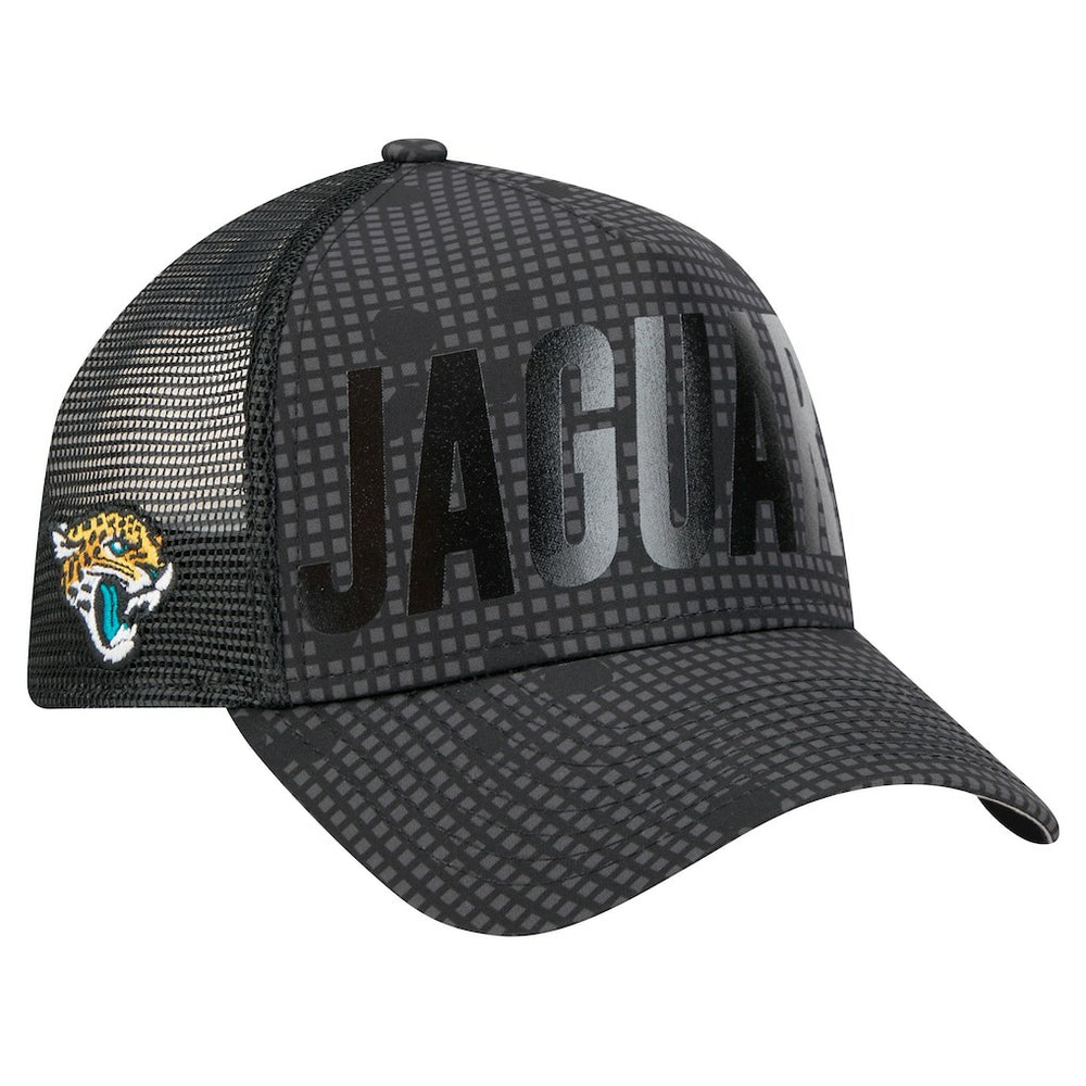 Jacksonville Jaguars New Era Midnight Ink Tonal Text A-Frame Trucker 9FORTY Adjustable Hat Black