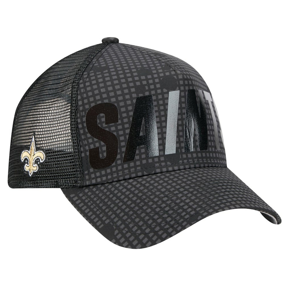 New Orleans Saints New Era Midnight Ink Tonal Text A-Frame Trucker 9FORTY Adjustable Hat Black