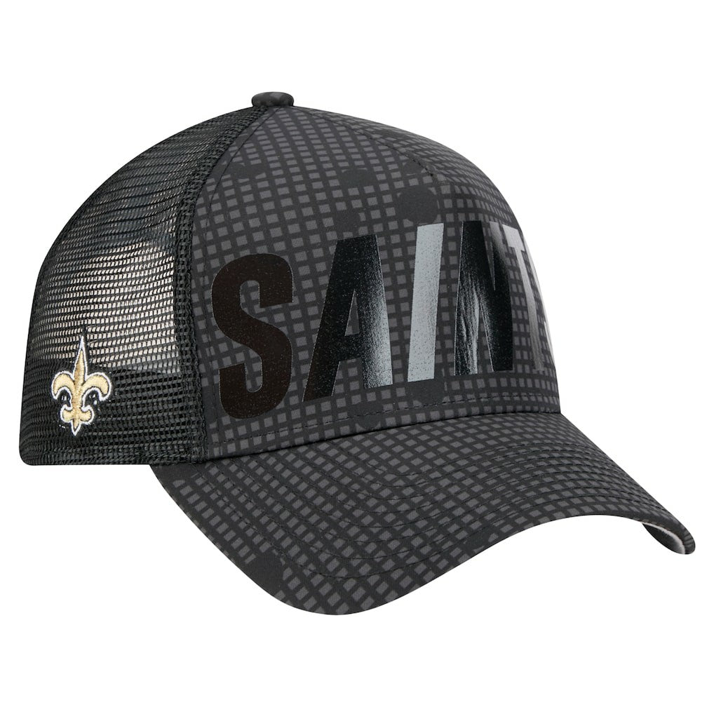 New Orleans Saints New Era Midnight Ink Tonal Text A-Frame Trucker 9FORTY Adjustable Hat Black