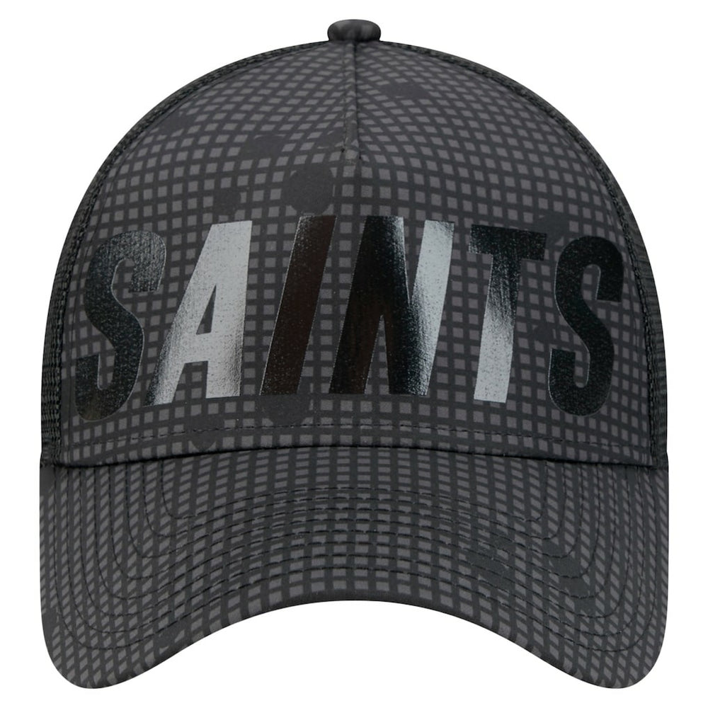New Orleans Saints New Era Midnight Ink Tonal Text A-Frame Trucker 9FORTY Adjustable Hat Black