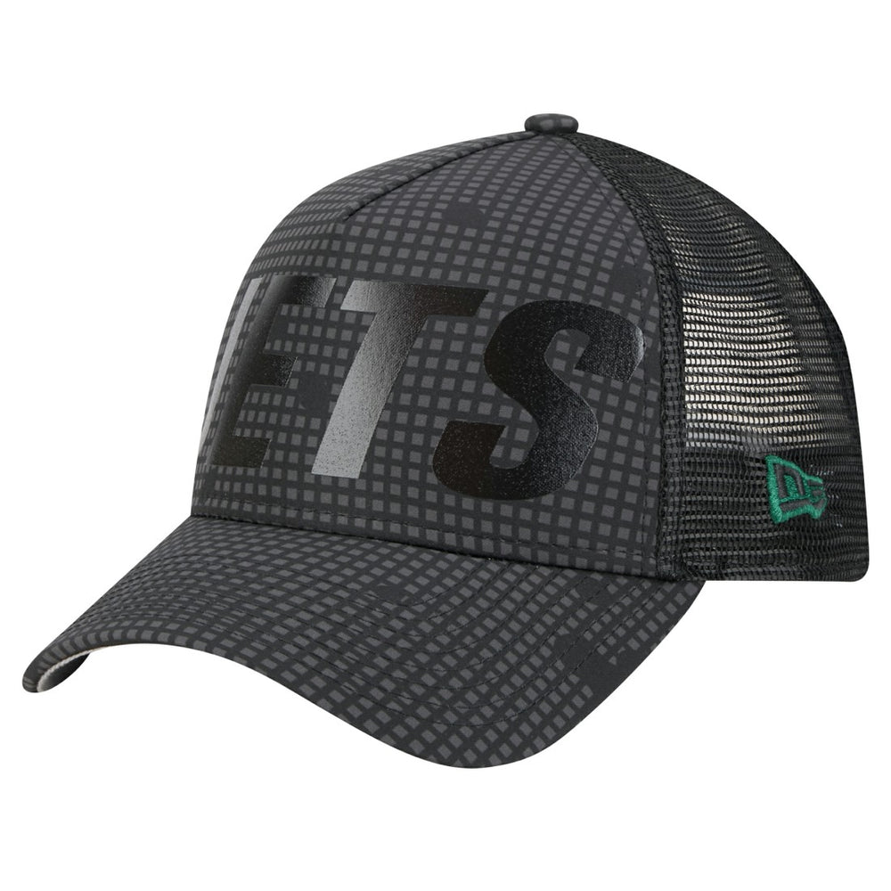 New York Jets New Era Throwback Midnight Ink Tonal Text A-Frame Trucker 9FORTY Adjustable Hat Black