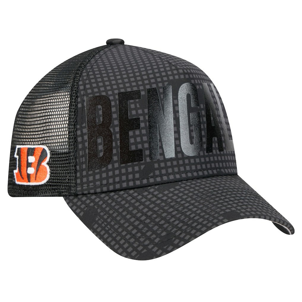 Cincinnati Bengals New Era Midnight Ink Tonal Text A-Frame Trucker 9FORTY Adjustable Hat Black