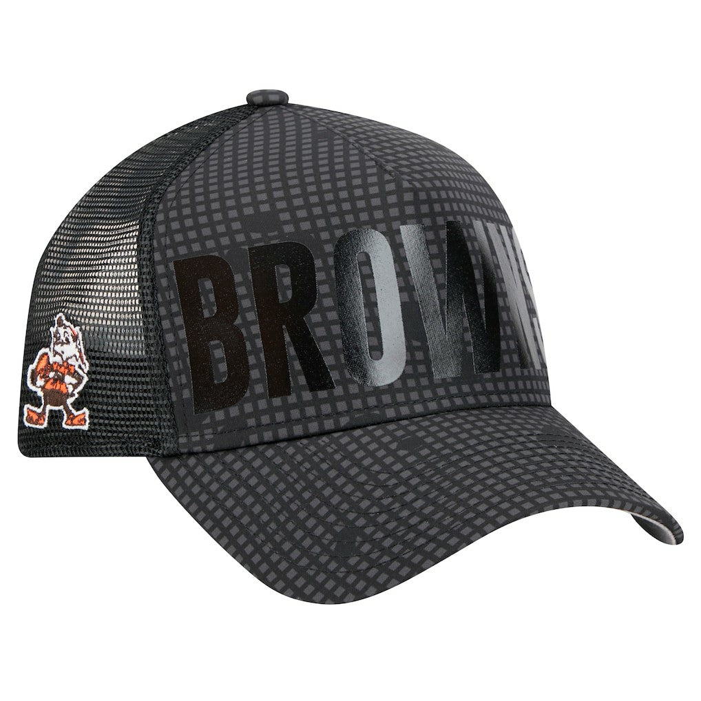 Cleveland Browns New Era Throwback Midnight Ink Tonal Text A-Frame Trucker 9FORTY Adjustable Hat Black