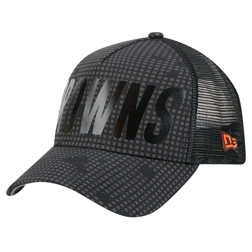 Cleveland Browns New Era Throwback Midnight Ink Tonal Text A-Frame Trucker 9FORTY Adjustable Hat Black
