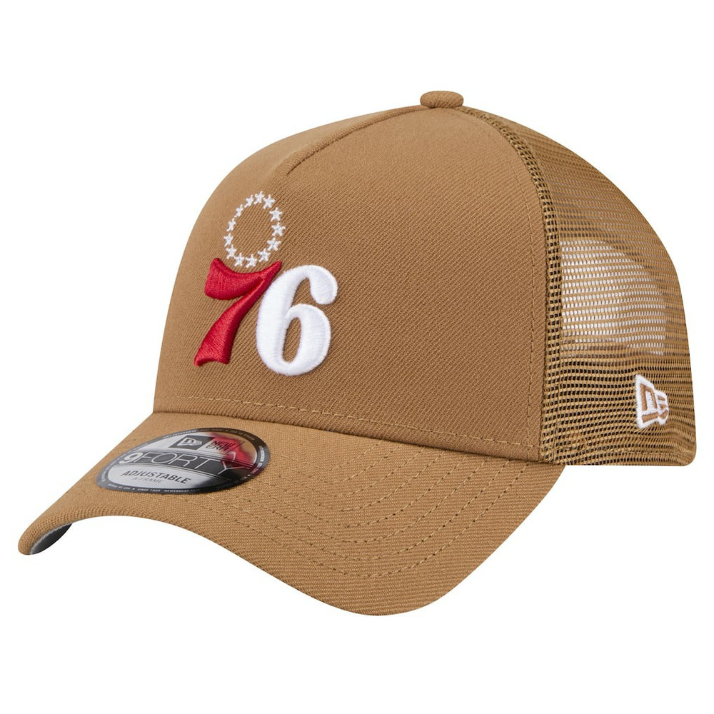 Philadelphia 76ers 9FORTY A-Frame Trucker Adjustable Hat Tan | New Era