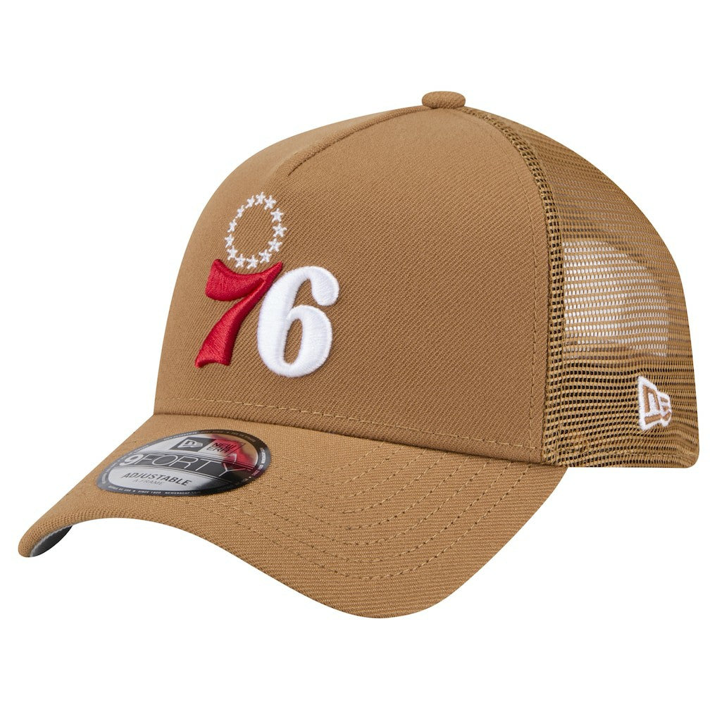 Philadelphia 76ers 9FORTY A-Frame Trucker Adjustable Hat Tan | New Era