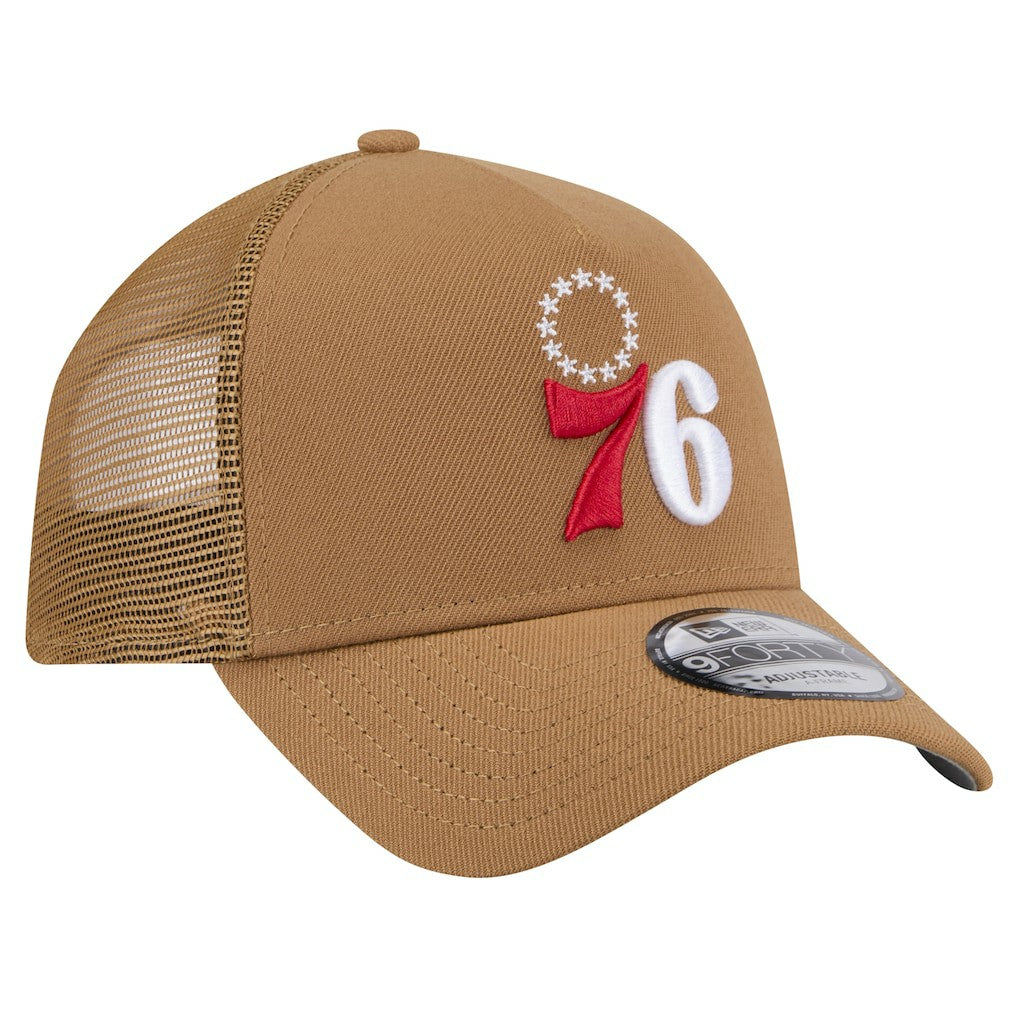 Philadelphia 76ers 9FORTY A-Frame Trucker Adjustable Hat Tan | New Era